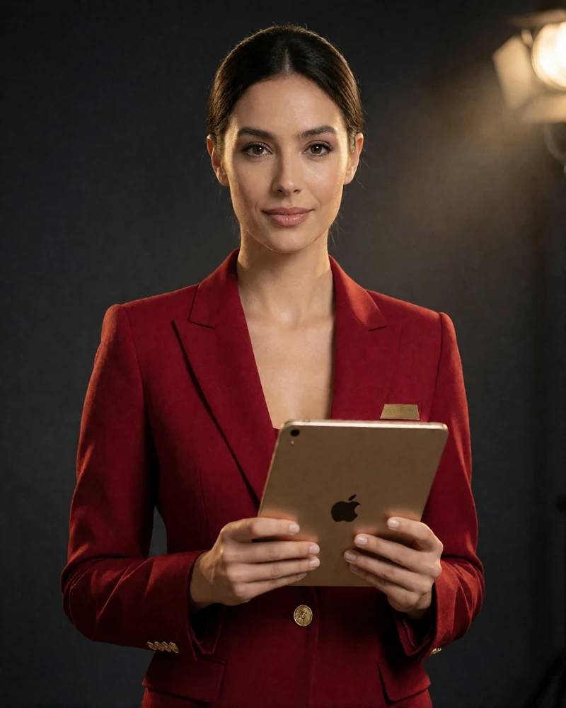 Elegante VIP-Managerin in dunkelrotem Anzug mit goldenem Tablet - pers&ouml;nlicher VIP-Manager ab Level 3 bei Casina