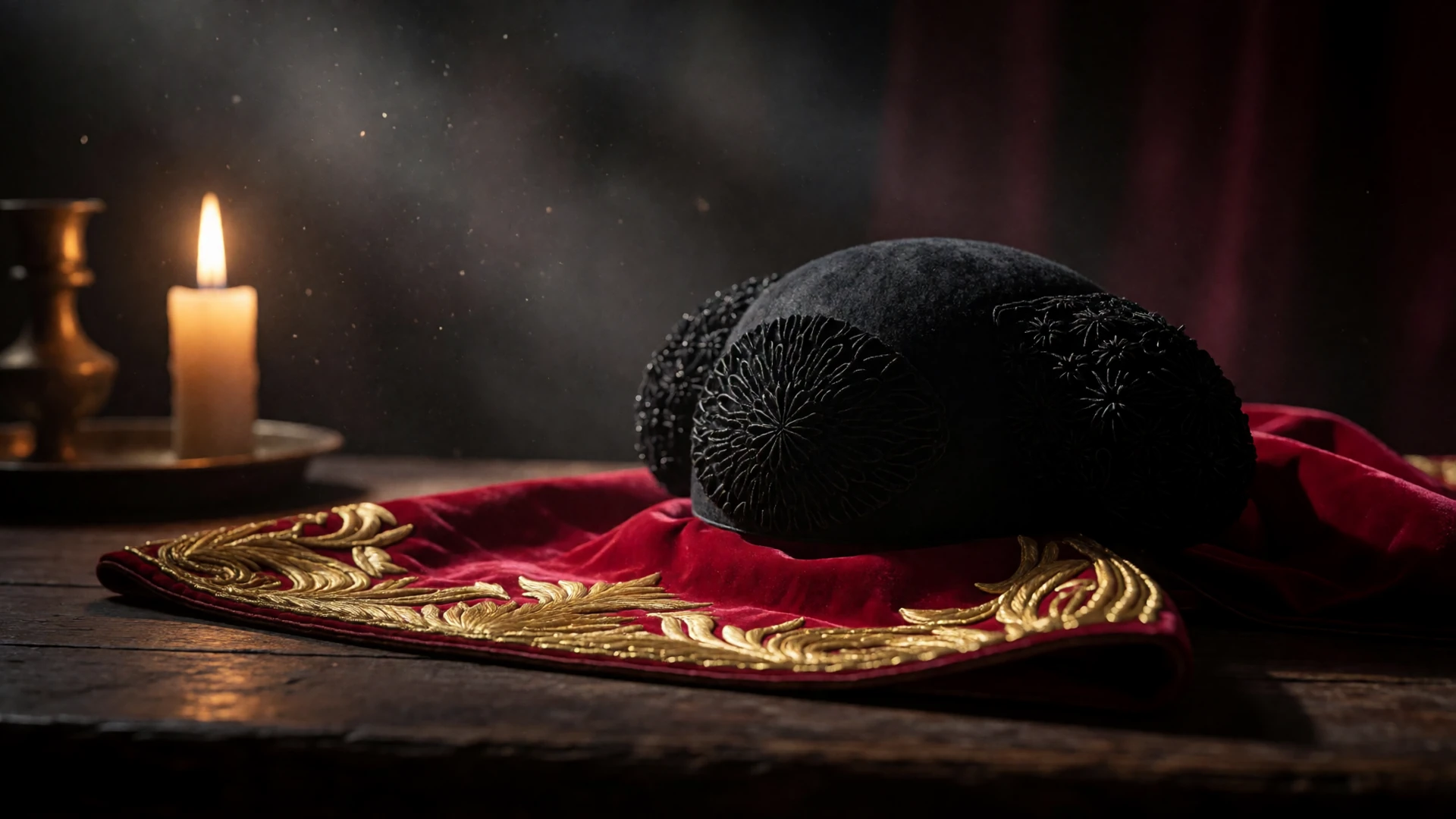 Schwarze Matador-M&uuml;tze Montera und rotes Cape mit Goldstickerei auf Holztisch - Casino FAQ und Casina Hilfe