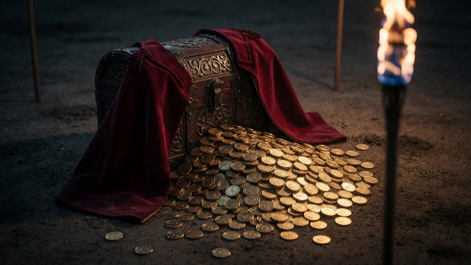 Goldm&uuml;nzen und rotes Muleta-Cape auf einer Holztruhe in dunkler Arena - Casino Willkommensbonus im Casina Casino