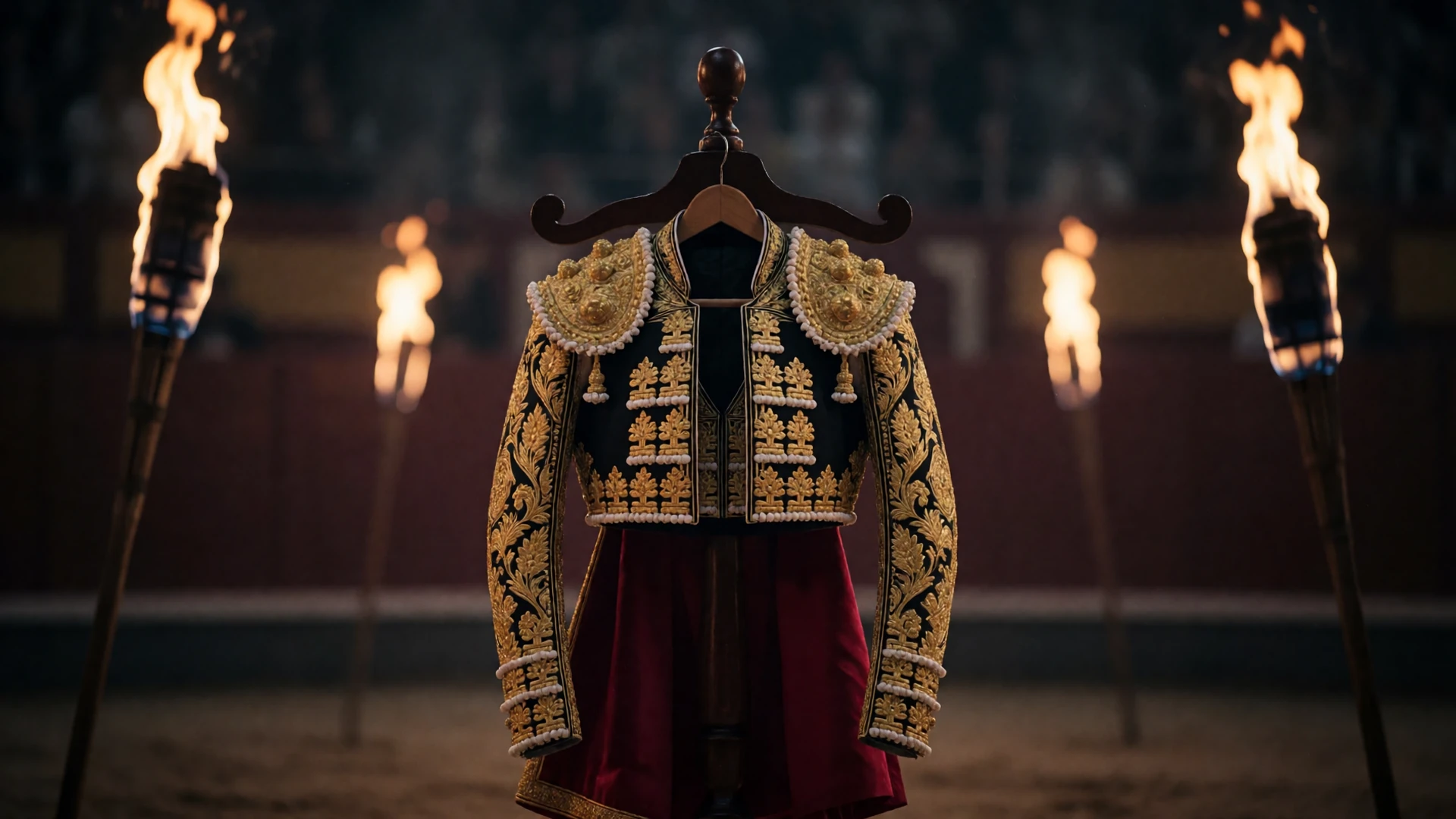 Schwarze Matador-Jacke mit schwerer Goldstickerei auf Schneiderpuppe in dunkler Arena - Casino VIP Programm bei Casina