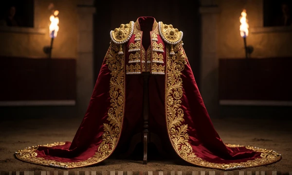 Karmesinrotes Matador-Cape mit Goldstickerei auf Holzst&auml;nder - VIP-Stufe Legendaria bei Casina Casino