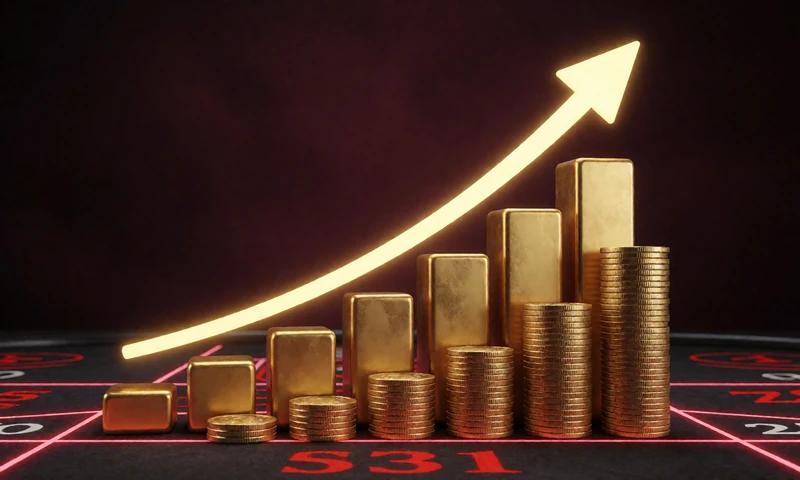 Steigende goldene Balkengrafik mit Pfeil und M&uuml;nzstapeln - High-RTP-Slots mit &uuml;ber 97 Prozent Auszahlungsquote