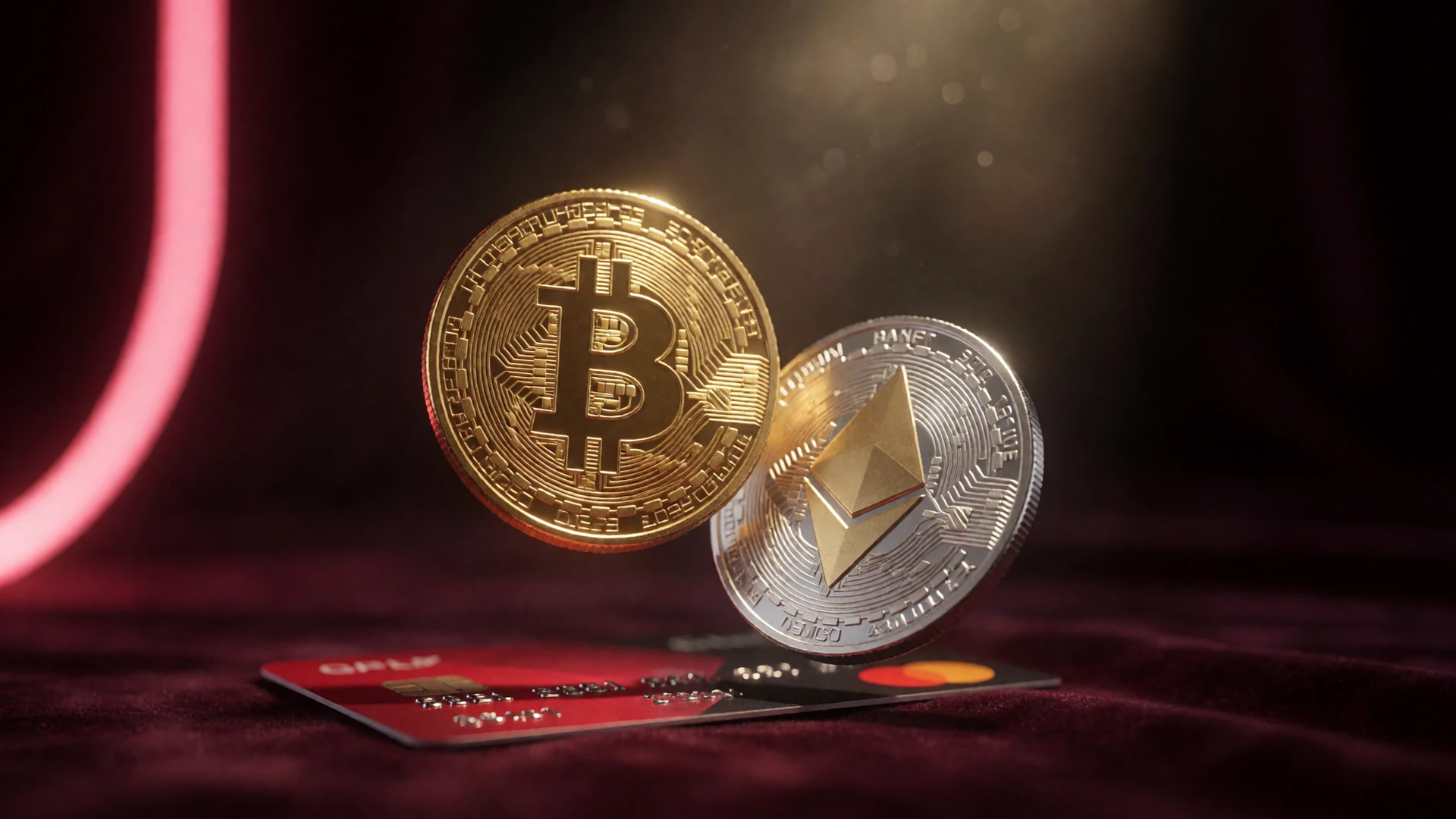 Goldene Bitcoin- und Ethereum-M&uuml;nzen neben rot-schwarzer Debitkarte auf dunklem Samt - Casino Auszahlung im Krypto Casino Casina
