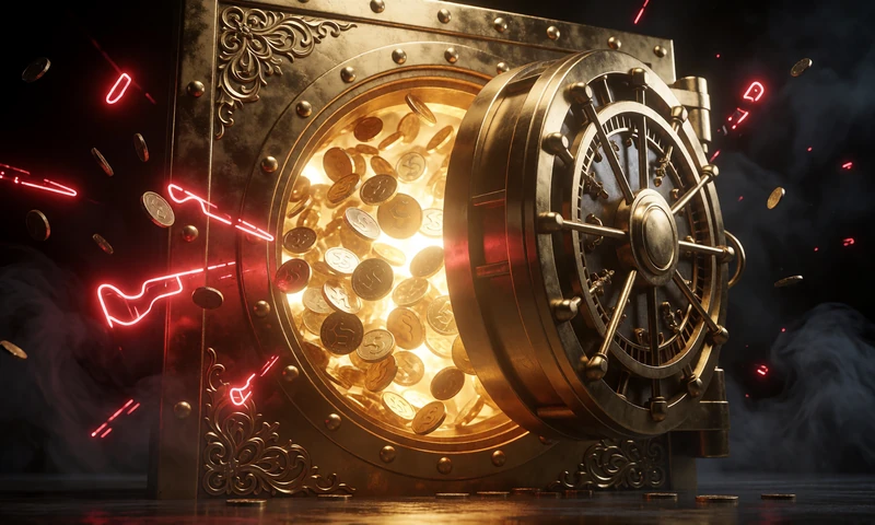 Ge&ouml;ffnetes goldenes Tresorportal mit herausstr&ouml;mendem Licht und M&uuml;nzen - Progressive Jackpots im Casina Casino