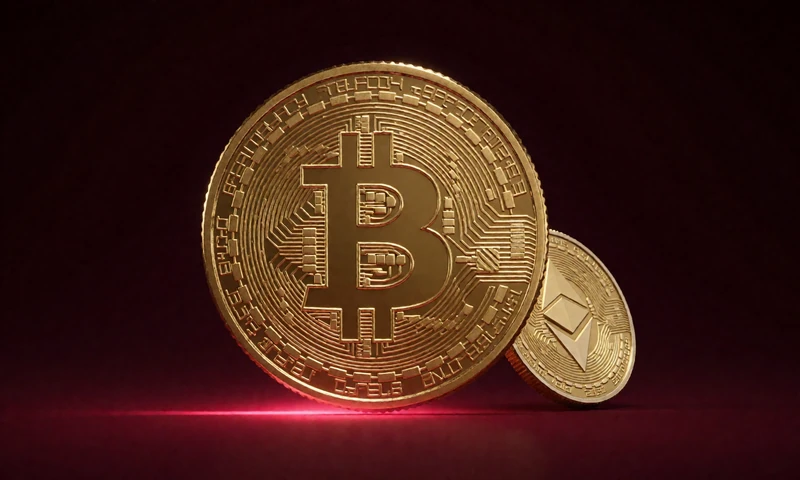 Goldene Bitcoin-M&uuml;nze und Ethereum-M&uuml;nze auf dunkelrotem Grund - Bitcoin Einzahlung im Krypto Casino Casina