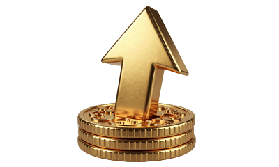 Goldener Pfeil &uuml;ber M&uuml;nzstapel als Symbol f&uuml;r die erste Einzahlung - 100 % Bonus bis 2.000 EUR