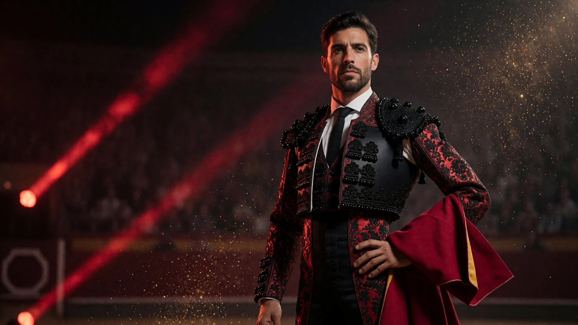 Matador in schwarzem Traje de Luces mit rot-goldener Stickerei in dunkler Arena - Casina Casino Online Casino Bonus