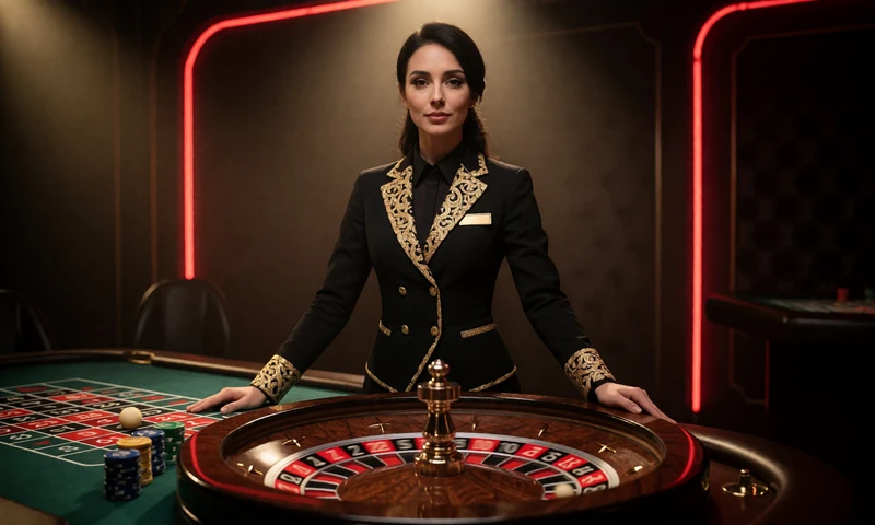 Elegante Croupi&egrave;re in schwarz-goldener Uniform am Roulette-Tisch im dunklen Studio - Live Casino bei Casina