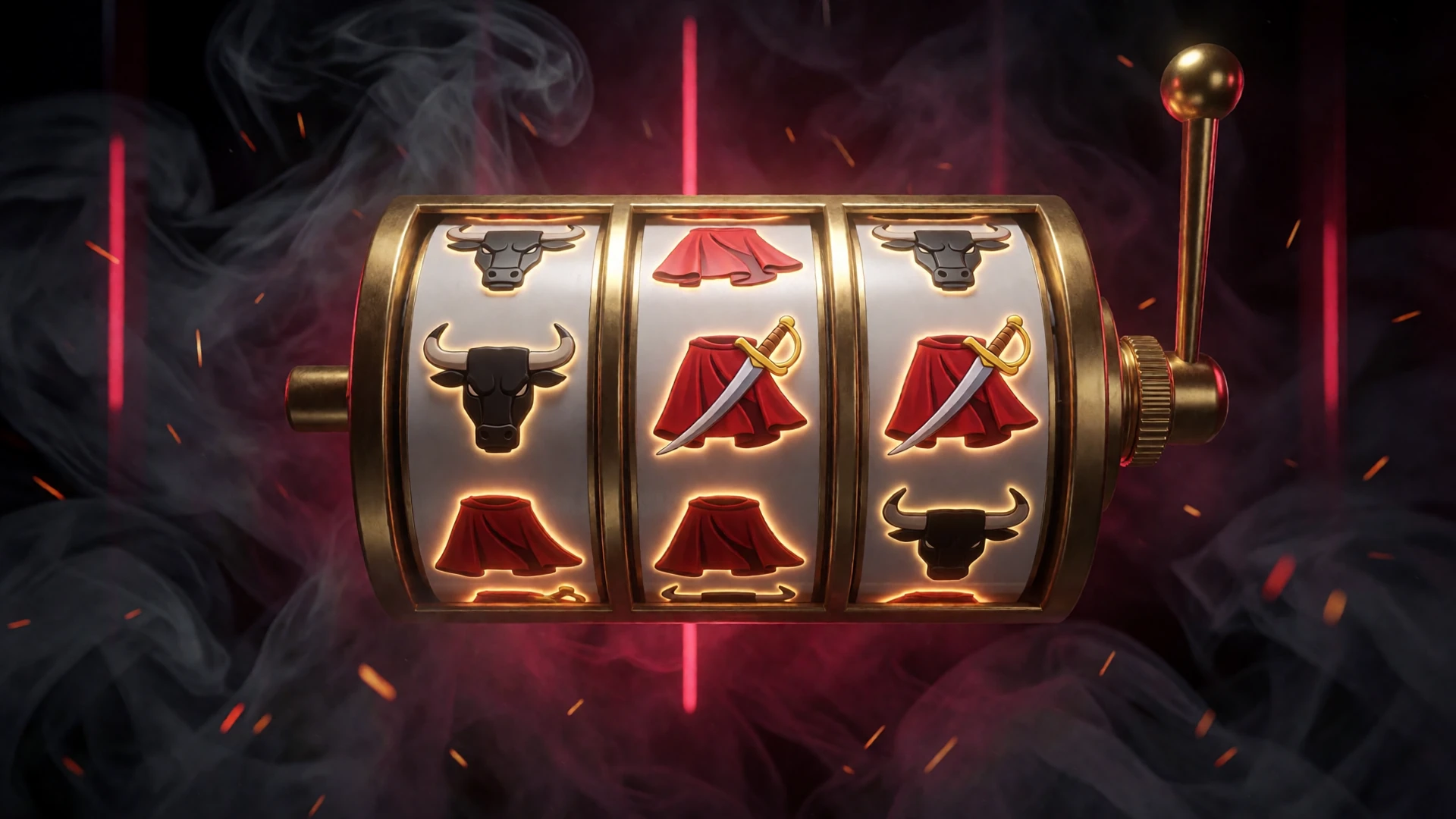 Goldene Slot-Walzen mit Corrida-Symbolen Stier, rotem Cape und Schwert in dunkler Arena - Online Casino Spiele bei Casina