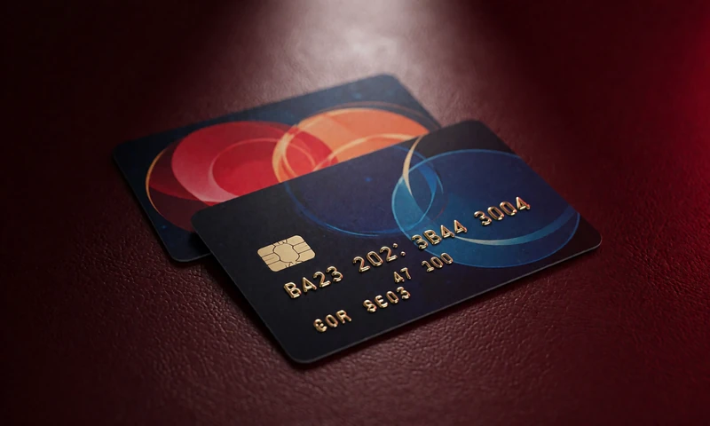 Dunkle Kreditkarten mit blau-goldenem und rot-orangem Design auf rotem Leder - Casino Auszahlung per Visa und Mastercard