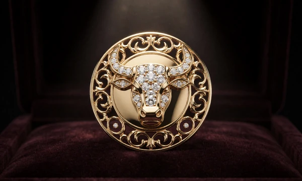 Goldenes Emblem mit diamantbesetztem Stierkopf auf Samt - VIP-Stufe La Emperatriz bei Casina Casino